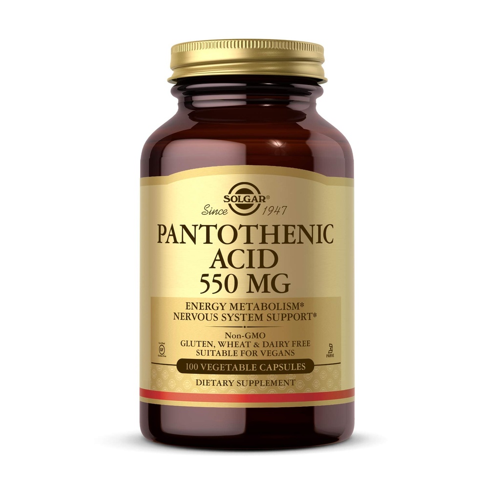 Solgar Pantothenic Acid 550 mg Vegetable Capsules Vitamin B5 Energy Metabolism Nervous System Support Gluten Free Dairy Free Kosher Servings, Standard Packaging, 100 Count