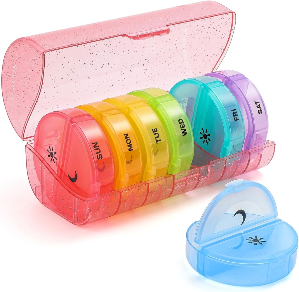 Sukuos gran organizador semanal de píldoras 2 veces al día, Daily Pill Box 7 Día Fácil de abrir con doble protección, AM PM Caso de píldora para la medicina/Vitamin/Fish Oil/Supplements (Glitter Pink)