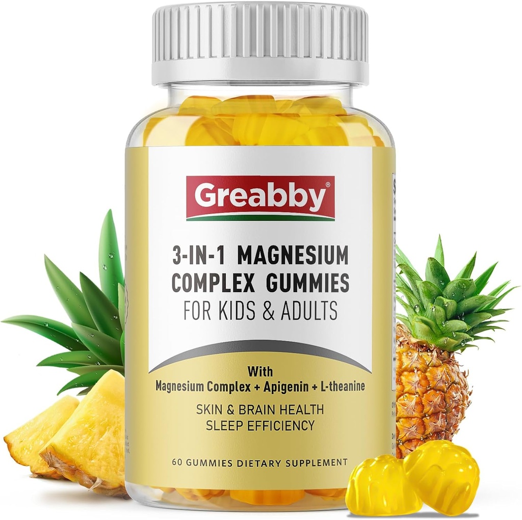 Complejo de magnesio triple Gummies - 800mg Magnesium Glycinate & Citrate, Apigenin & L-Theanine, para niños &amp; adultos, naturalmente dormidos &amp; musculosos calambres (60 conteo)