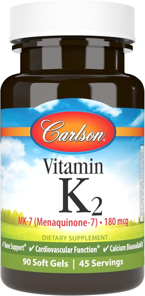 Carlson - Vitamina K2 MK-7 (Menaquinone), 180 mcg, soporte de bonificación, biodisponibilidad de calcio, vitamina K2, vitamina K-2, 90 Softgels