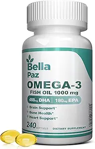 Omega 3 FishOil Suplementos - 1000mg Fish Oil 788 mg Omega-3 Fatty Acid Burpless, 488 DHA &amp; 180 EPA para Muscle Bone Heart Brain Support and Health, Suplementos para Hombres y Mujeres, 240 Softgels