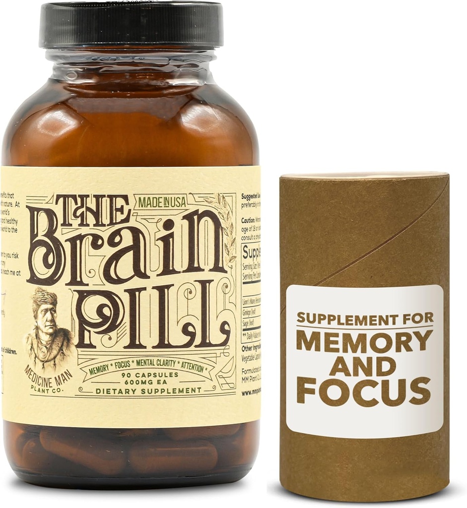 The Brain Pill 90 Capsules – Suplemento de Booster de Cerebro Orgánico - Pills de Memoria para Cerebro w/ Ginkgo Biloba Capsules, Mane & Sage de León - Suplemento de Booster de Cerebro para Focus, Memory, Clarity, Energy