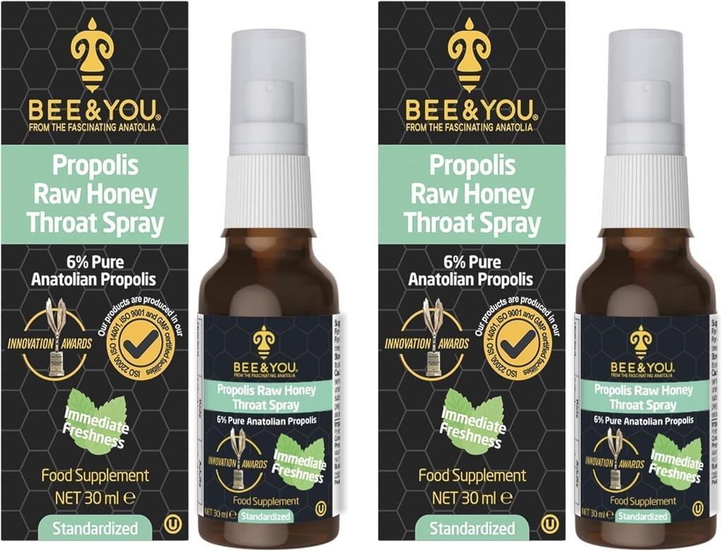 Bee and You Raw Honey Throat Spray, 100% Pure Propolis Extract, Immune Support, Sore Throat & Congestion Relief, Oral Health, Antioxidants, Natural, Keto, Paleo, Gluten-Free | 1 FL Oz (Pack of 2)