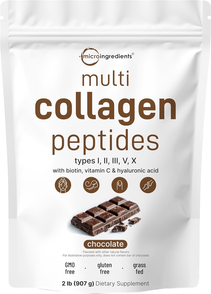 Micro Ingredientes Péptidos multi colágeno Polvo, 2lb TENIDO Tipo I, II, III, V, X + Biotina, Vitamina C & ácido hialurónico TENIDO Chocolate Flavor TENIDO Apoyo Pelo, Esquía &amp; Salud Conjunta TENIDO Keto, No GMO