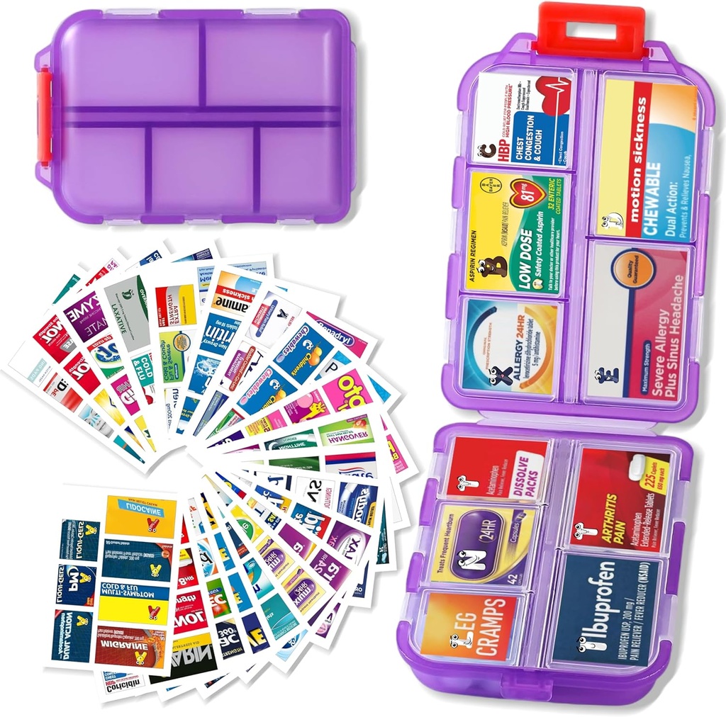 Pill Organizer with Medicine Labels Travel Daily Pill Container Mini Medication Organizer Storage Pill Organizer Travel Essentials Pill Case 7 Day (Purple ventaja 161 Lables)