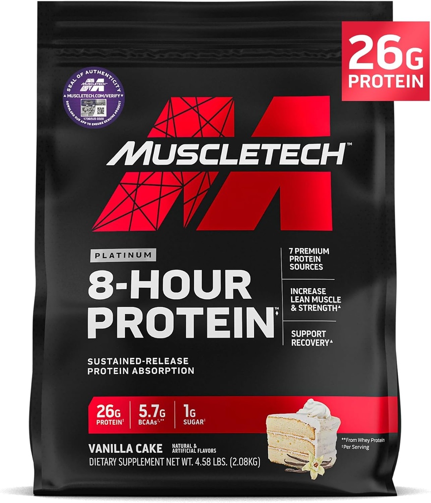 MuscleTech Platinum 8-Hour Protein Powder - 7 Premium Protein Sources with Whey & Casein Protein for increased Lean Muscle, Strength &amp; Improved Recovery - Vanilla Cake, 50 Servings
