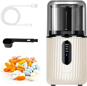 Rejilla de triturador eléctrico sin cables - Cortadores de píldoras para pequeñas o grandes y tabletas de vitamina a polvo fino - Pulverizador electrónico de píldoras - Copa de rejilla extraíble para la limpieza fácil