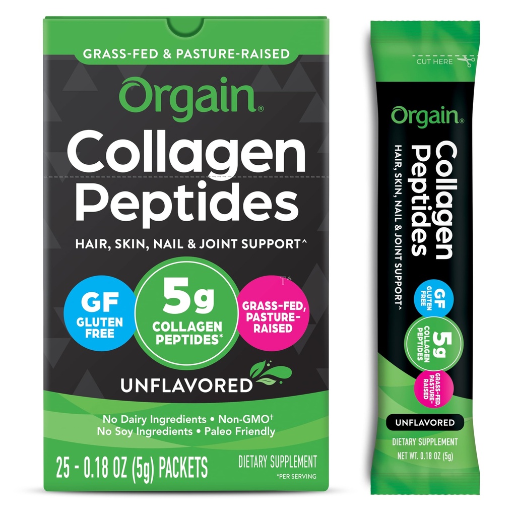 Orgain Hidrolyzed Collagen Peptides Travel Packets For Women &amp; Hombre - 5g Grass Colagen Por Serving, Hair, Skin, Nail &amp; Joint Support Supplement, Non-GMO, Type I & III - Unflavored (25 Count)