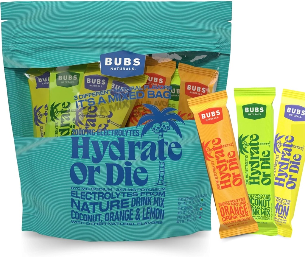 BUBS Naturals Hydration Powder Vaiety Pack Hydrate o Die Electrolyte Powder, All-Natural, Keto-Friendly, Gluten-Free, & No Sugar Añadido, Boost Energy &amp; Stamina Enhances Recovery, 18 Servings