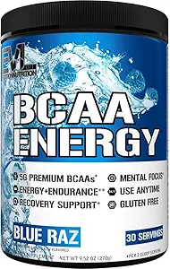 EVL BCAAs Amino Acids Powder - BCAA Energy Pre Workout Powder para la recuperación muscular crecimiento y resistencia - Rehidratación de la bebida de recuperación de postes con cafeína natural - Blue Raz