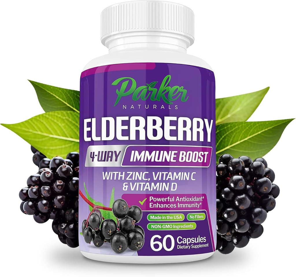 Parker Naturals Cápsulas orgánicas de arándano, Ancianas de cuatro vías, Vitaminas C, D &amp; Zinc Support, 1260.1 mg Suplementos de arándano para adultos, 60 cápsulas