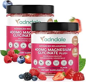 Adndale 180 CT Magnesium Glycinate Gummies 400 mg/Serv, con Ashwagandha, Magnesium Malate & Taurate, Sugar Free Chews for Adults &amp; Kids.