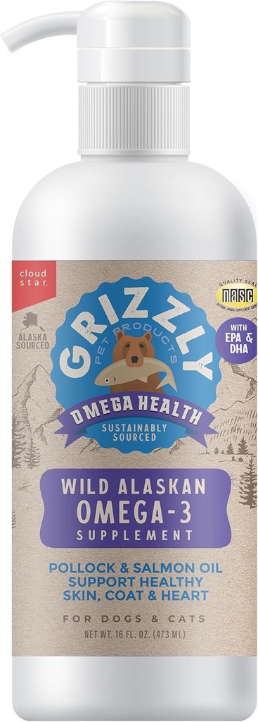 Grizzly Pet Products Omega Health Liquid Omega-3 Suplemento para perros y gatos, 16 Unce Bottle