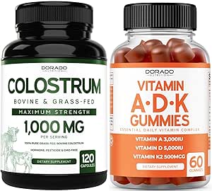 Colostrum (120 Count) Bovine Colostrum Capsules Supplement for Adults and ADK Vitamin D3 (60 Gummies) D & K - 10 Vegan Supplement - Delicious Raspberry Flavor - Non GMO Third Party Tested - USA Made
