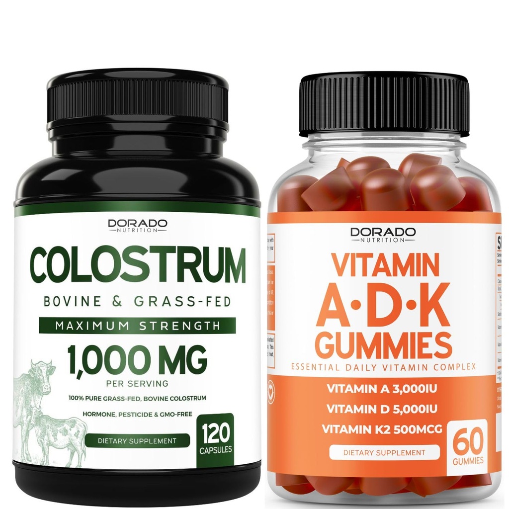 Colostrum (120 Cuenta) Bovine Colostrum Capsules Suplemento para adultos y ADK Vitamina D3 (60 Gummies) D & K - 10 Vegan Suplemento - Delicious Raspberry Flavor - Non GMO Tercer Partido Probada - Estados Unidos
