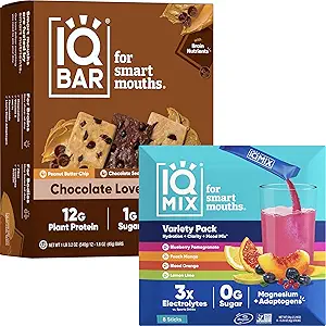 IQBAR Cerebro y Cuerpo Keto Protein Bares - 12 Conde Chocolate Amantes Variety Low Carb, Vegan Bares & IQMIX Sugar Free Electrolyte Powder Packets - 8 Conde Sampler Pack Keto Electrolytes con Lions Mane
