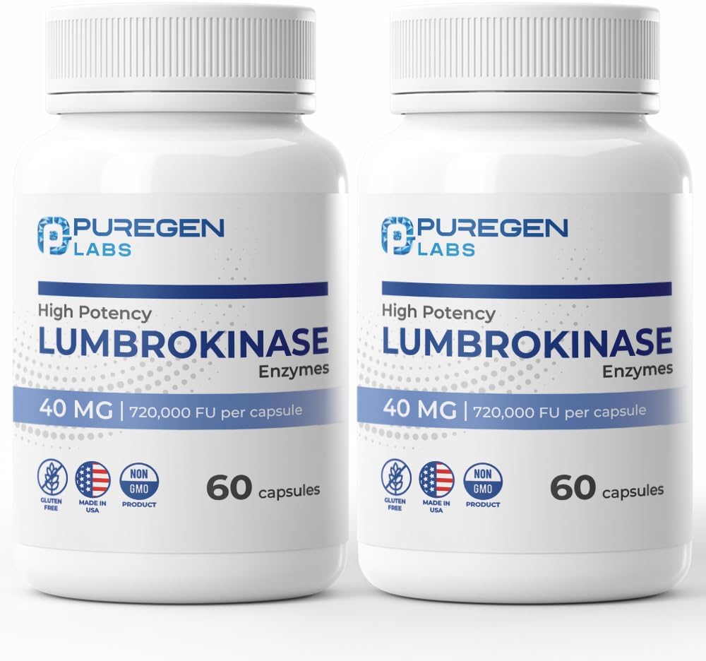 Puregen Labs Lumbrokinase 40mg per Capsule High Potency Supplement TEN High Activity Lumbrokinase Enzymes TEN No Harmful Additives ← Non-GMO TEN Gluten Free TEN Made in USA - Total 120 Vegetarian Capsules