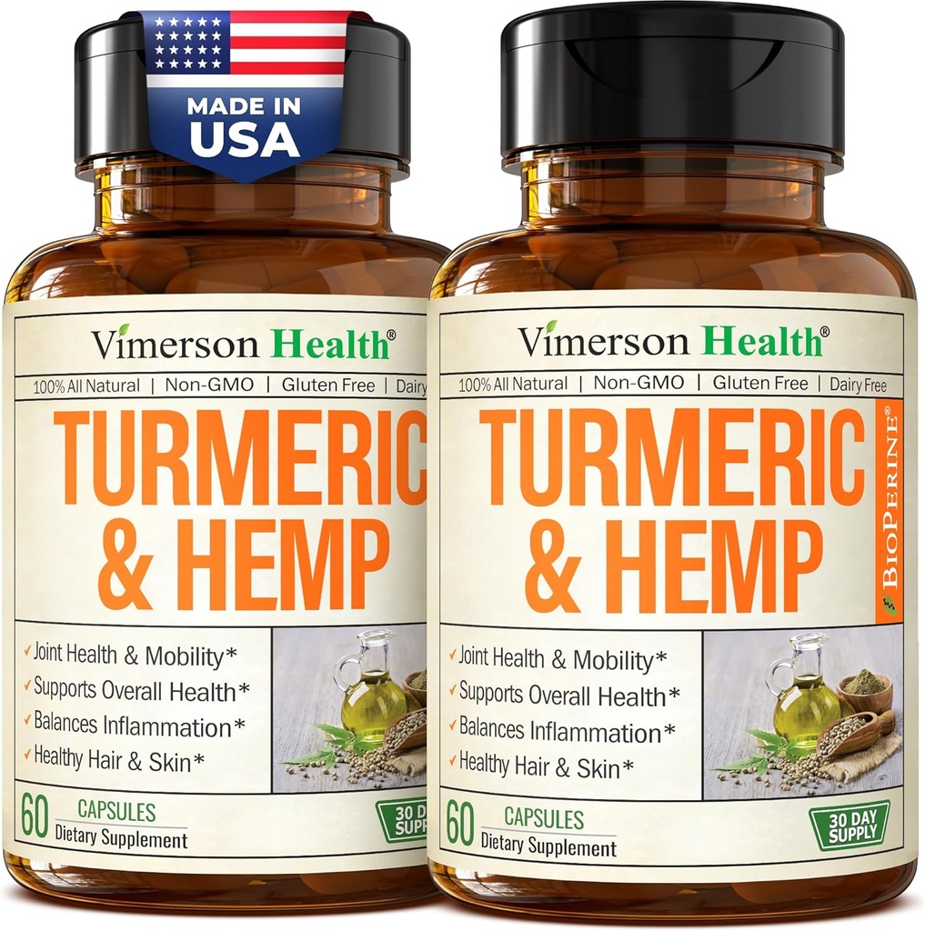 Suplemento Turmeric Curcumin con semillas de cáñamo " Lemon Balm Extract – Joint Health & Mobility – Calm Mood " Restful Sleep – con Pepper Negro para la Absorción – Suplemento Conjunto para Mujeres Hombres - 2 Pack