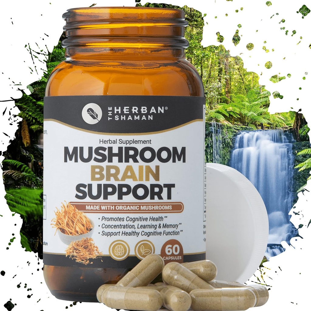 Mushroom Suplemento Cerebro Apoyo a los Leones Orgánicos Mane, Cordyceps, Ginkgo Leaf, Gotu Kola + Más Silencioso Suplemento Natural Herbal (60 cápsulas)