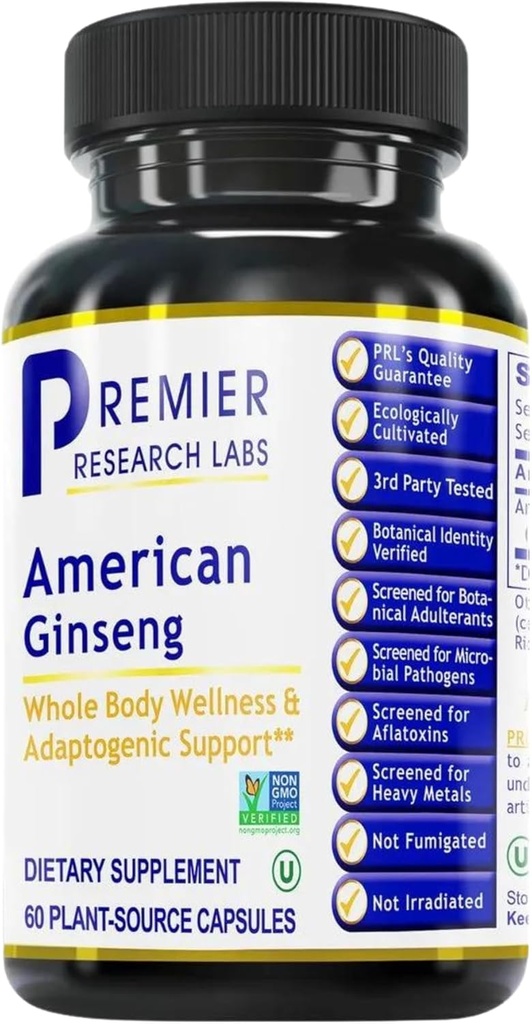 Premier Research Labs American Ginseng Suplemento - American Ginseng Capsules, Herbal Ginseng Root Pills, North American Ginseng Herb Extract, Calming Energy Supplement - 60 Plant-Based Capsules