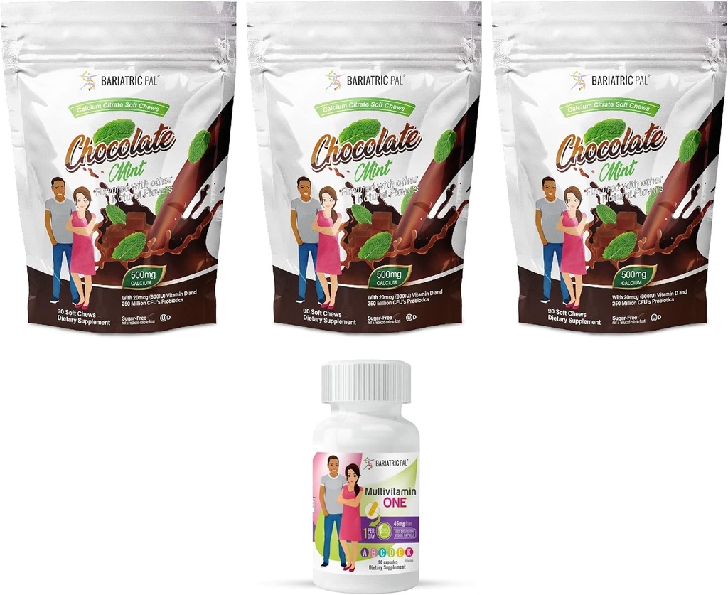 BariatricPal 90-Day Bariatric Vitamin Bundle (Multivitamin ONE 1 por día! Cápsula con 45 mg de hierro y calcio Citratos suaves 500 mg con probióticos - menta de chocolate)