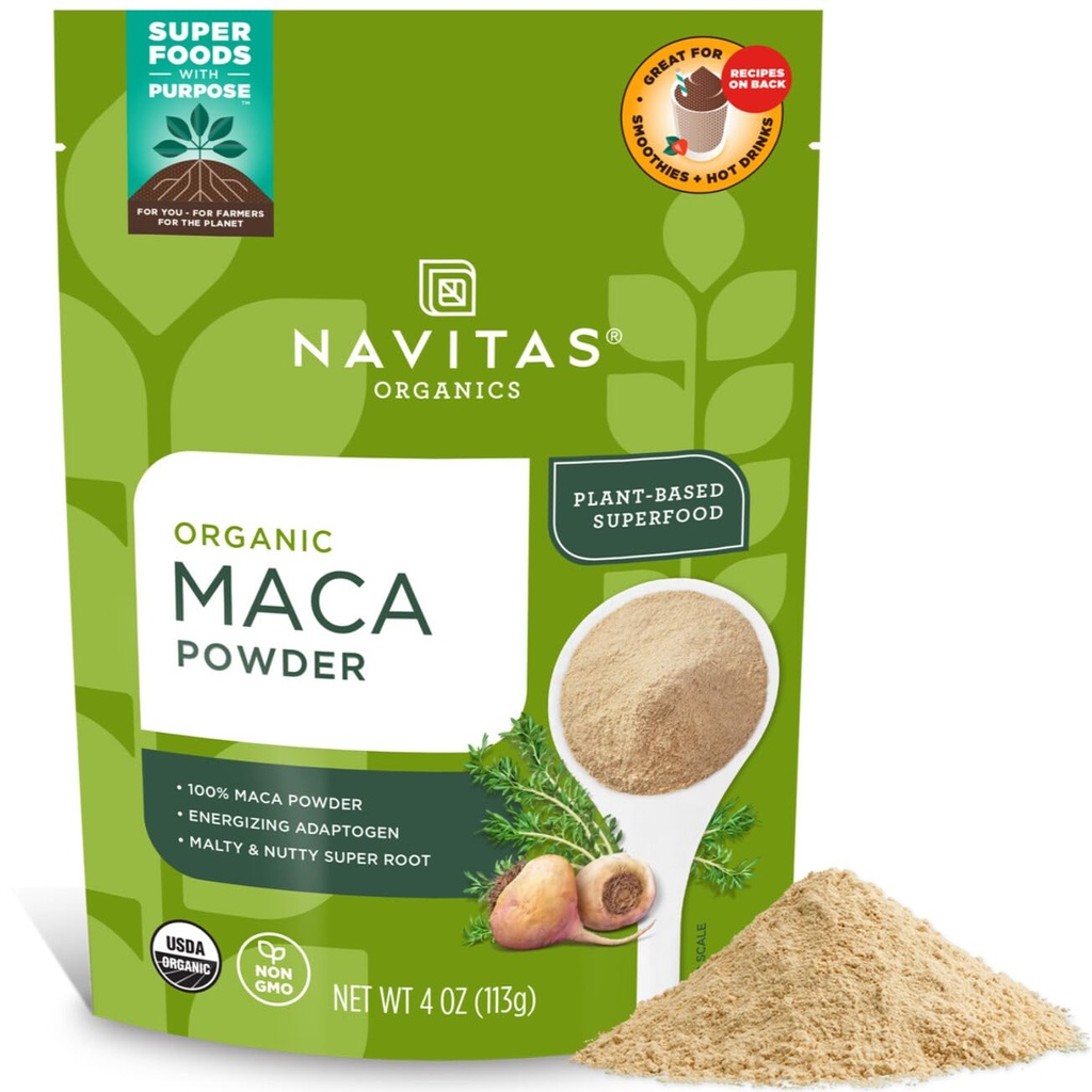 Navitas Organics Maca Powder – 100% Gelatinized Peruana Maca for Adaptogen Smoothies, Lattes, Baking &amp; More – Energize & Balance - USDA Organic, Non GMO, Vegan, Gluten Free (4oz. Bolsa, 23 Servings)