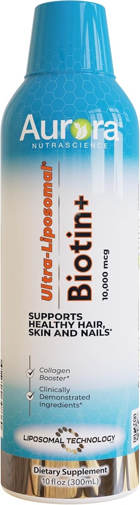 Nutraciencia de Aurora Biotina Ultra-Liposomal 10.000 mcg Suplemento de Booster Collagen, soporta cabello saludable, uñas de piel, sabor caramelo, 30 apariciones, 10 fl oz
