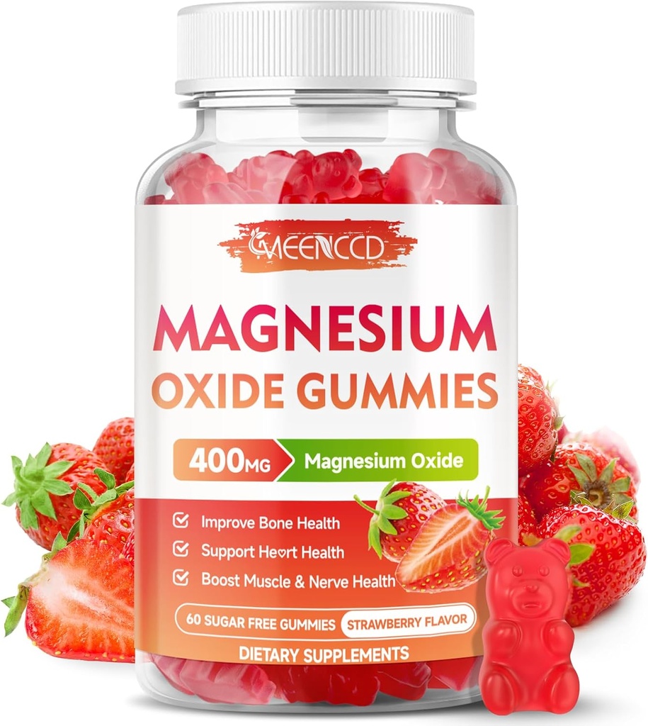 Magnesium Oxide Gummies 400mg, Chewable Magnesium Oxide Suplemento para Adultos &amp; Niños, Nerve &amp; Muscle Support, Non-GMO, Sugar-Free, Strawberry Flavor, 60 Condes