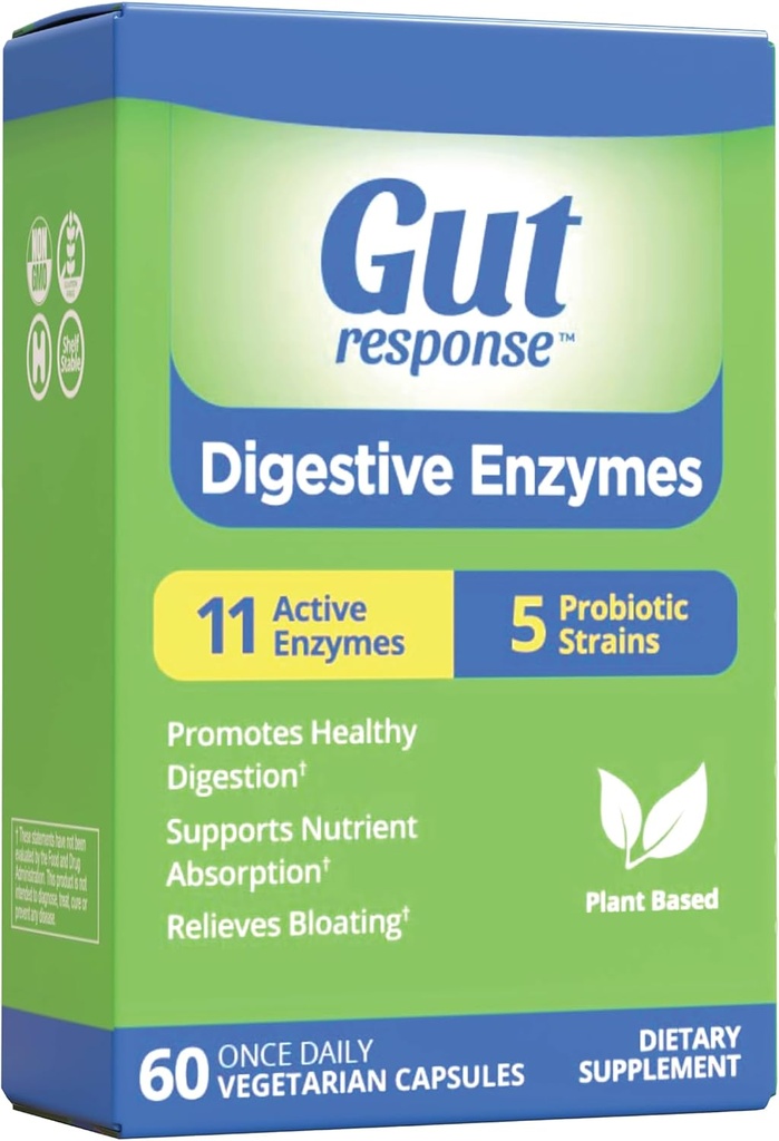 Enzimas digestivas, soporte digestivo, Alivios Bloating, 5 Strains probióticos, 11 Enzimas activos, 60 cápsulas