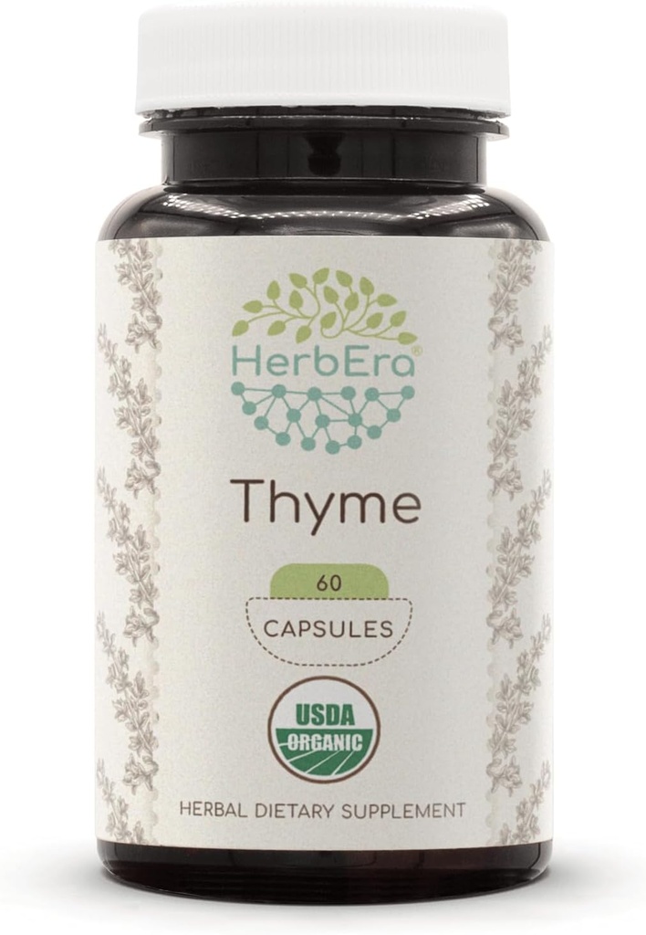 HerbEra Thyme USDA Organic 60 Capsules ← Suplemento Natural Herbal Silencio Certified Organic Vegetarian Capsules and Organic Thyme (Thymus Vulgaris) Leaf seco (60 cápsulas)