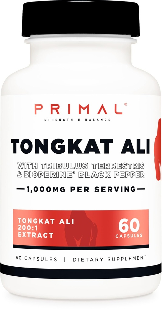 Primal Tongkat Ali Capsules (60 Capsules / 30 Servings, 1,000 mg Por Serving) - Suplemento de Jack Long para Hombres, Gluten Free, Suplemento Nutricional Herbal No GMO