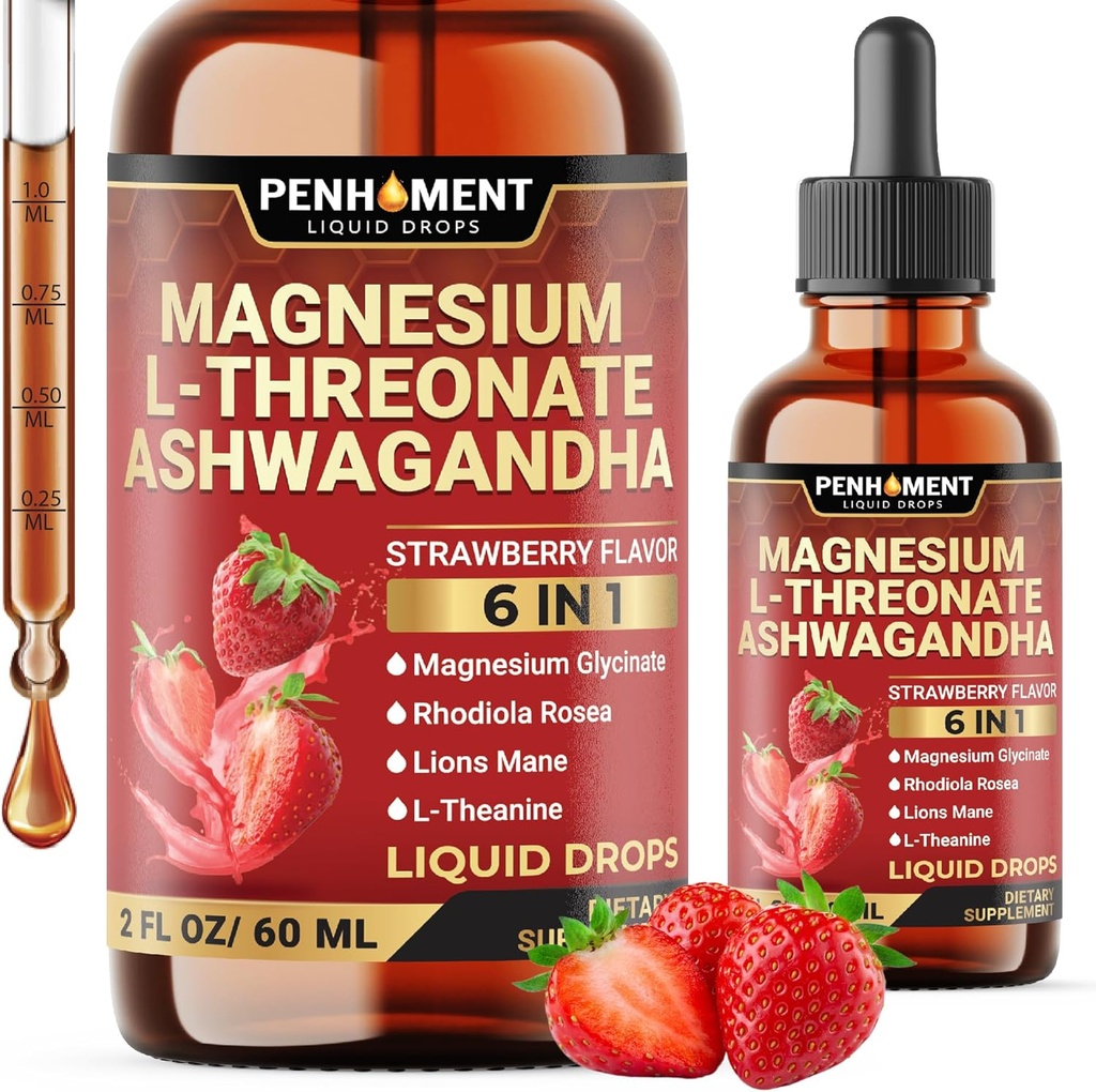 6in1 Magnesium L-Threonate Liquid Drops with Ashwagandha, Magnesium Glycinate and 3 More - Brain Support and Immune - 2 Fl Oz for 30 Days - Strawberry Flavor