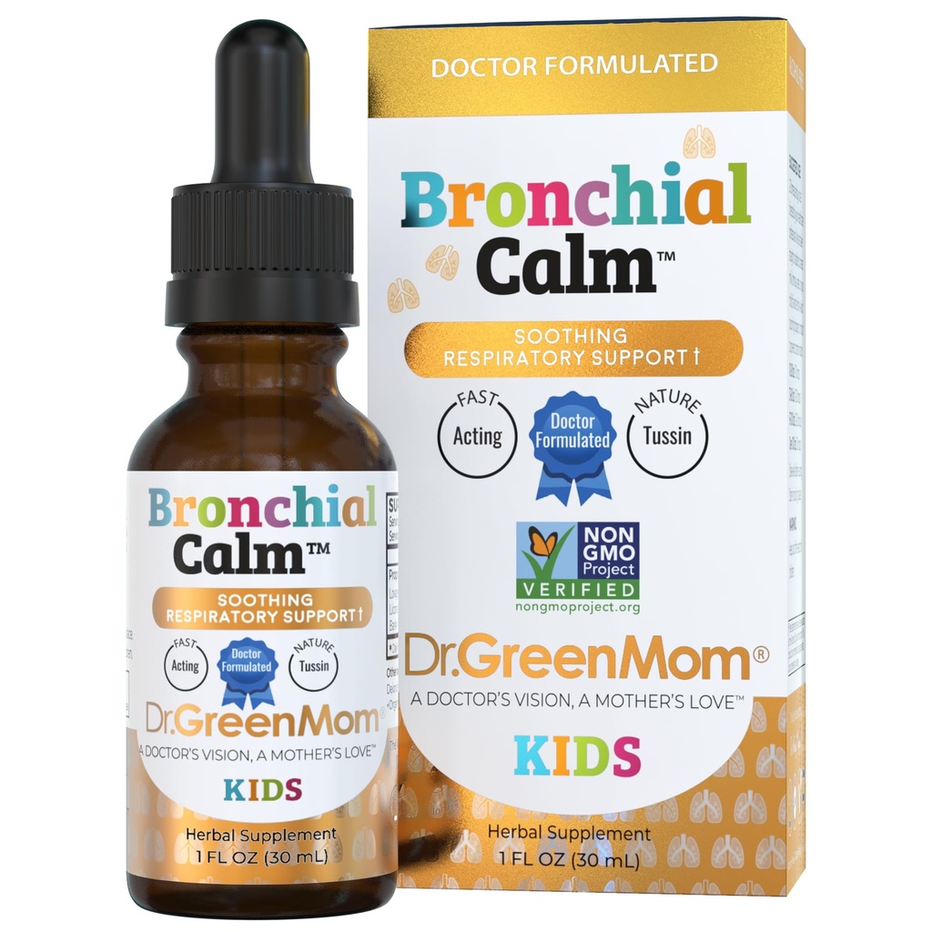 Dr. Green Mom Bronchial Calm Kids - Natural Cough Liquid Drops for Babies, Toddlers & Children - Herbal Kids Cold & Flu Support - Natural, Sugar-Free, Non-GMO, Dye-Free