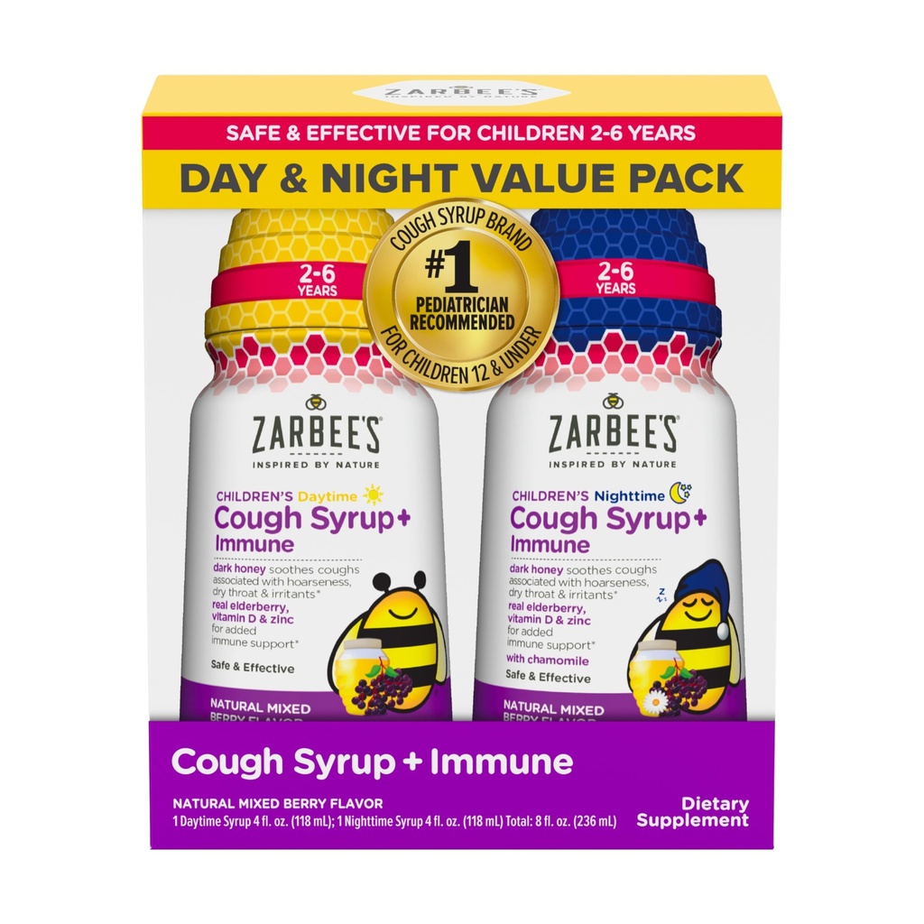 Zarbee's Children's Honey Cough Syrup + Immune Day & Night Value Pack, Daytime & Nighttime Toddler Cough Syrup with Dark Honey, Real Elderberry, Vitamin D, & Zinc, Mixed Berry, Two Pack, 2 x 4 fl. oz