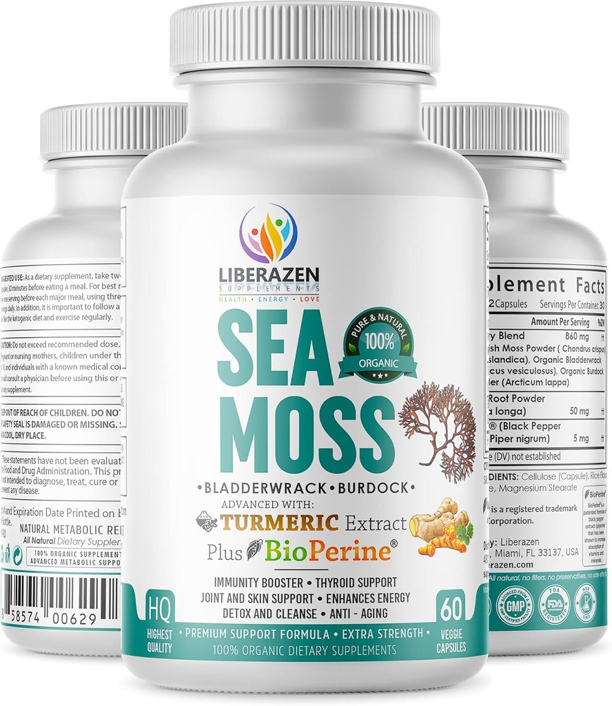 Orgánica del Mar Irlandés Moss Pills - Wildcrafted Dr Sebi Inspirado Seamoss Blend con Turmeric, Burdock Root & Bladderwrack, Mejorado con Pepper Negro - 60 cápsulas