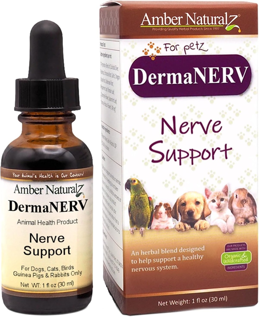 Amber NaturalZ DermaNERV Suplemento herbario para perros, gatos, aves, conejos y guineanos Pigs ← Apoya el Sistema Central Nervius Health " Balanced Behavior TEN Natural Aid for Healthy Nerve Functions