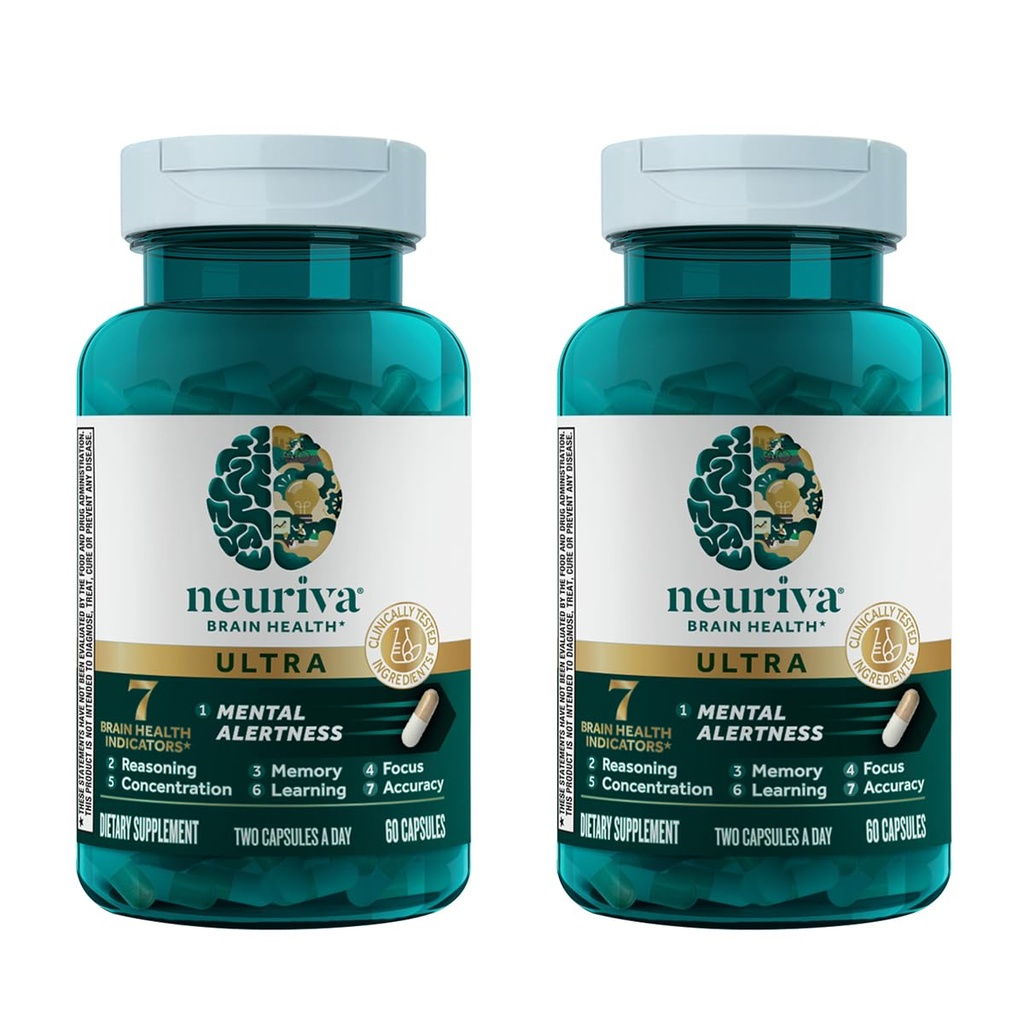 NEURIVA Ultra Brain Supplement for Mental Alertness, Memory, Focus " Concentration with Clinically Tested Cognivive, Neurofactor, Phosphatidylserine, Vitaminas B6 " B12, 60 Conde Capsules (2 Pack)