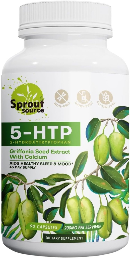 5-HTP Suplemento 200mg, soporta el sueño saludable con calcium – no GMO, sin gluten – 90 cápsulas