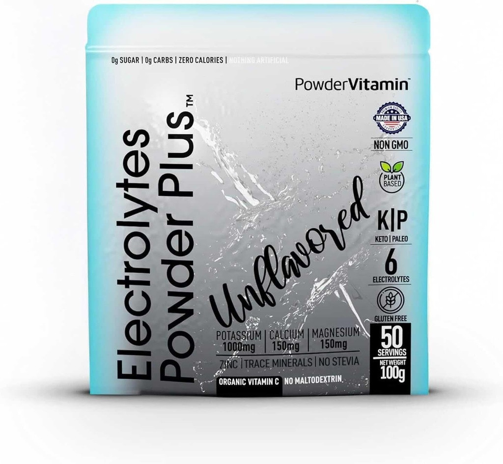 PowderVitamin Electrolytes Powder Plus (50 Servings) Unflavored Electrolyte Powder Keto, Sugar Gratis, Pink Himalayan Salt.,1000mg Potasio, 150mg Calcio,150 mg Magnesio, NO Stevia