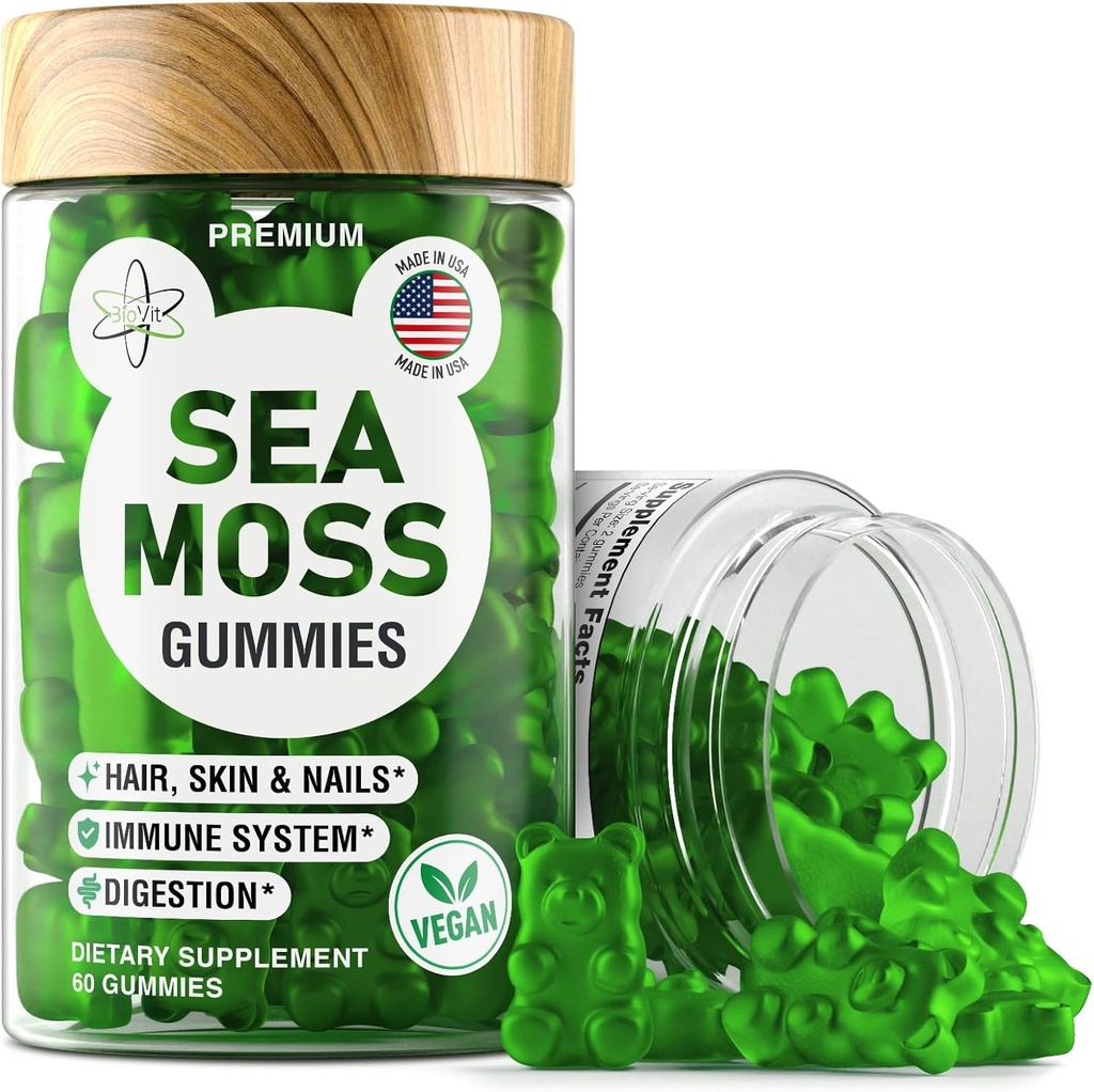 BioVit Sea Moss Gummies - Wildcrafted Irish Sea Moss for Adults & Kids - Seamoss Gel with Bladderwrack & Burdock Root Extract - 60 Vegan Gummies