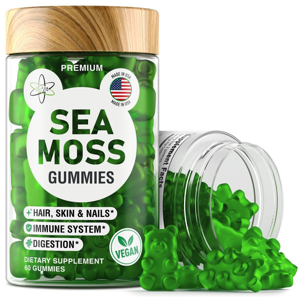 BioVit Sea Moss Gummies - Wildcrafted Irish Sea Moss for Adults &amp; Kids - Seamoss Gel with Bladderwrack &amp; Burdock Root Extract - 60 Vegan Gummies