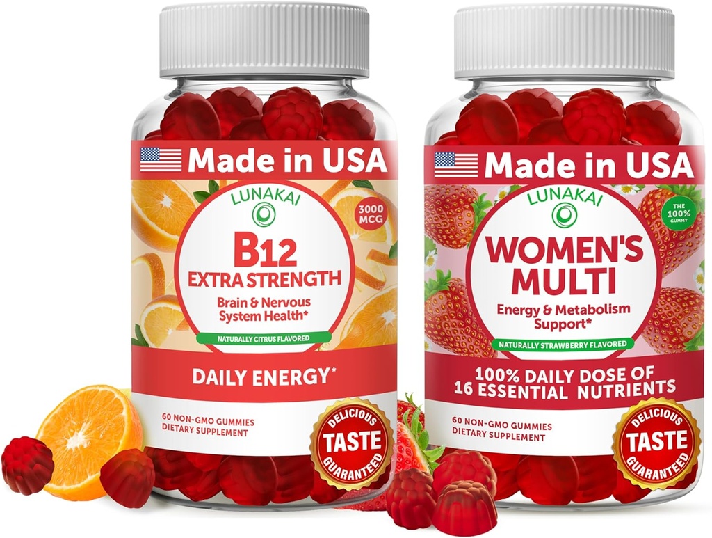 Lunakai Vitamin B12 and Women's Multivitamin Gummies Bundle - 3000mcg Methylcobalamin High Absorption Energy Gummy - 100% Daily Value of 16 Essential Vitamins and Minerals Supplement - 30 Days Supply