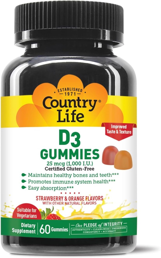 Country Life Vitamin D3 Gummies – 1,000 IU Cholecalciferol, 60 Count – Supports Bone & Immune Health – Vegetarian, Gluten-Free, Strawberry & Orange Flavors – Pectin-Based, No Artificial Sweeteners