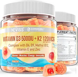 Vitamin D3 5000IU + K2 (MK-7) 120mcg, Sugar-Free Vitamin D3 K2 Filled Gummies with Vitamin B Complex - Methyl B12, B9, B6 | Vitamin E & Zinc, MCT Oil - Supports Bone & Teeth Strength, Immune, 2PACK