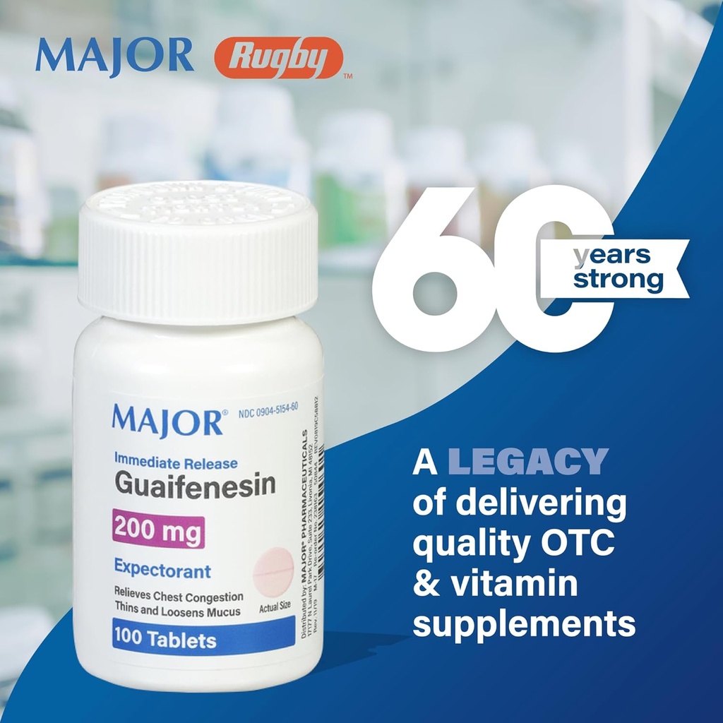 Mayor liberación inmediata Guaifenesin - Alivia la congestión del tórax, ladrones y el loosens Mucus - 200 mg - 100 tabletas