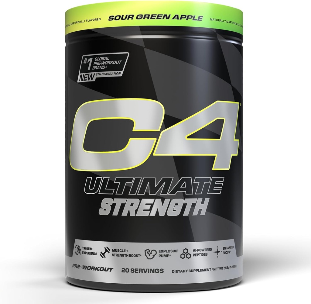 Cellucor C4 Ultimate Strength Pre Workout Powder - Tri-Stim Experience 300mg Caffeine+TeaCrine+Dynamine - Creatine & Beta-Alanine - Suplemento energético para hombres y mujeres - Sour Green Apple, 20 Serviciones