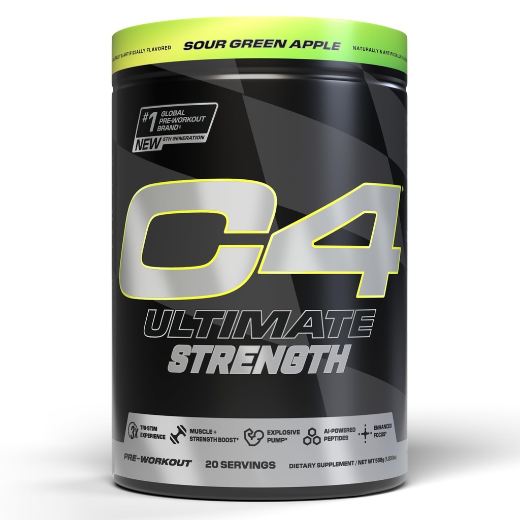 Cellucor C4 Ultimate Strength Pre Workout Powder - Tri-Stim Experience 300mg Caffeine+TeaCrine+Dynamine - Creatine & Beta-Alanine - Suplemento energético para hombres y mujeres - Sour Green Apple, 20 Serviciones