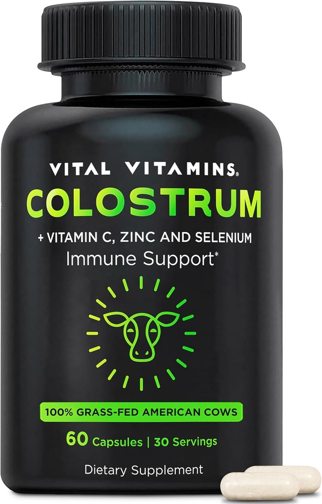 Vitaminas Vitales Colostrum Suplemento - Vitamina C, Zinc, " Selenium - de Primera Milking - Estándarizado para Contener 10% IgG Inmunoglobulinas - Vacas Americanas de Grass - 60 cápsulas