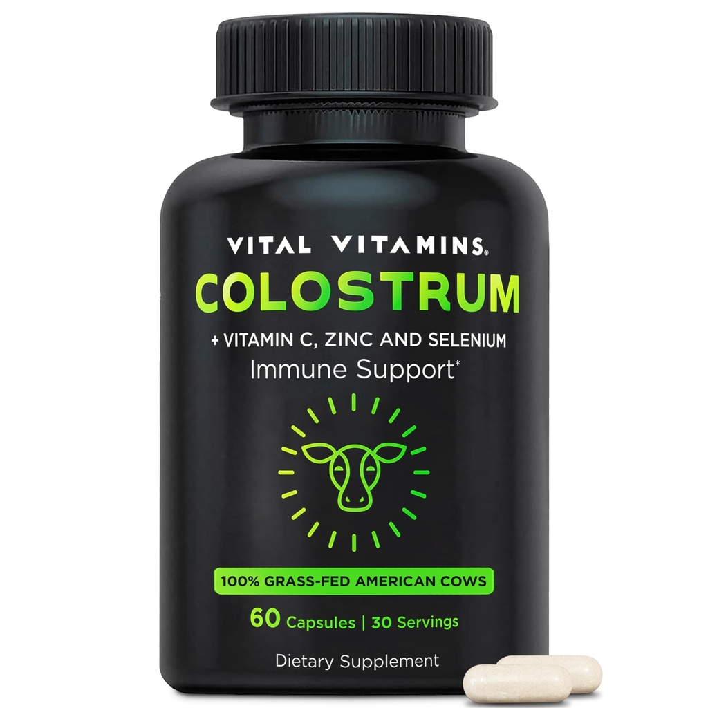 Vitaminas Vitales Colostrum Suplemento - Vitamina C, Zinc, " Selenium - de Primera Milking - Estándarizado para Contener 10% IgG Inmunoglobulinas - Vacas Americanas de Grass - 60 cápsulas