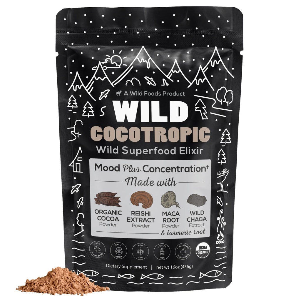 Cocotrópico orgánico Cacao Caliente - Café Mushroom Alternativa ANTE Sugar Chocolate caliente gratuito ¦ Orgánica Cocoa Powder, Reishi Mushrooms, Chaga, Maca Root, Turmeric ¦ Delicious Sustained Focus, Energy & Mood Sin Jitters ← 16oz